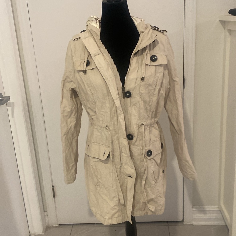 Point Zero (Nicole Benisti) hooded Utility Jacket Cream Tan Size Large - Picture 9 of 17